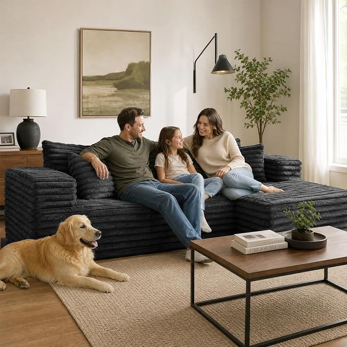 2" Corduroy Boneless Couches for Living Room, L Shape Sofa with Chaise | 102.4" Modular Sectional Sofa, Cloud Couch Sectional with Deep Seat, No Assembly, Black, Right Chaise