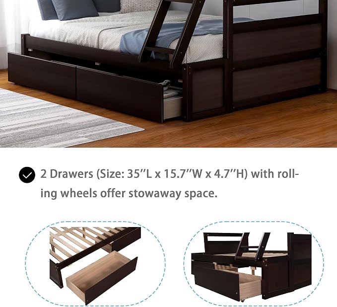Merax Twin Over Full Bunk Bed, Wood Bunk Bed with Removable Ladders and Two Storage Drawers, Convertible into Two Individual Beds (Espresso)