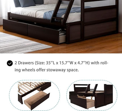 Merax Twin Over Full Bunk Bed, Wood Bunk Bed with Removable Ladders and Two Storage Drawers, Convertible into Two Individual Beds (Espresso)