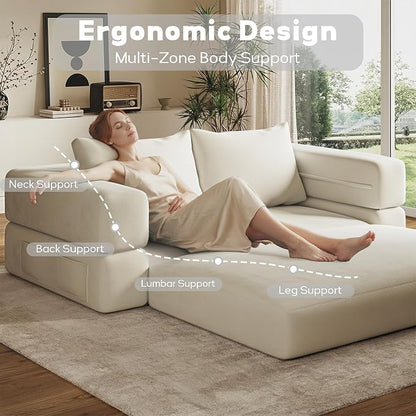 75'' Folding Convertible Sofa Bed with Large Pillow, 4-in-1 Foldable Pull Out Futon Sofa Bed, Chenille Boneless Mattress Couch, No Assembly Floor Sleeper Sofa Bed for Living Room/Bedroom, Beige