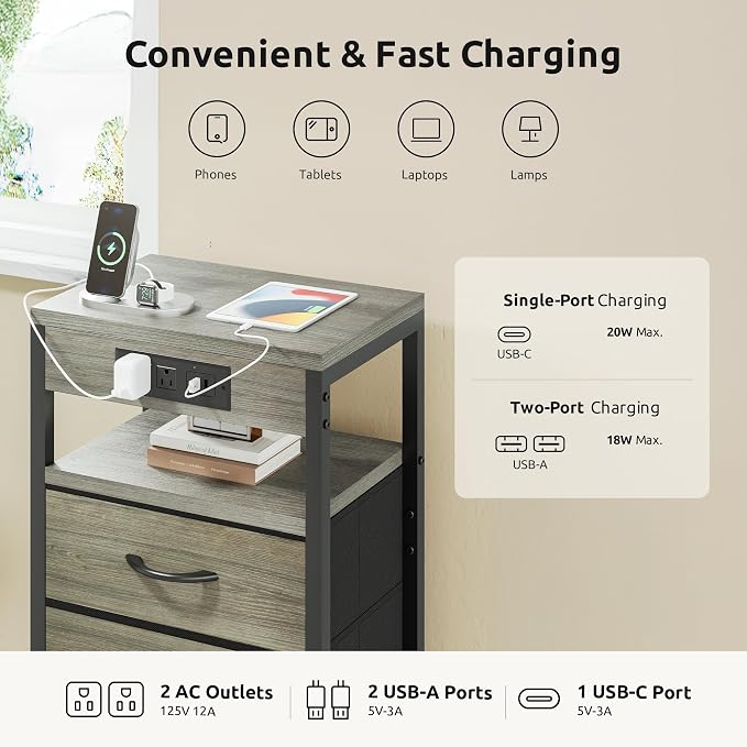 Lazzanto NightStand Bedside Charging Table Bedroom - Night Stand with Charger Station, Modern Nightstand with Open Shelf & 4 Fabric Drawers, End Table with USB-C USB Ports & AC Outlets for Dorm, Grey