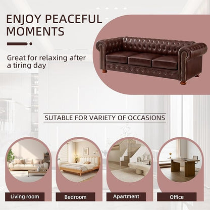Chesterfield Leather Sofa, 89" Mid Century Modern Couch with Low Back, Roll Arm Nailhead Trim Classic 3 Seater Couch for Living Room, Office, Apartment, PU Burgundy