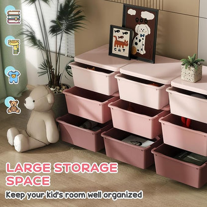 Qaba 3 Tier Kids Storage Unit, Toy Organizers and Storage with 9 Drawer Chest for Kids Bedroom Nursery Kindergarten Living Room for Boys Girls Toddlers, Pink
