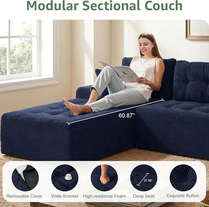 Hobestluk Modular Sectional Sofa Couches L-Shape Couch 3 Seat Modular Sofa Memory Foam Sectional Couches for Living Room, Cloud Couch with Oversized Chaise (Dark Blue Corduroy, 108", Left Hand Facing)