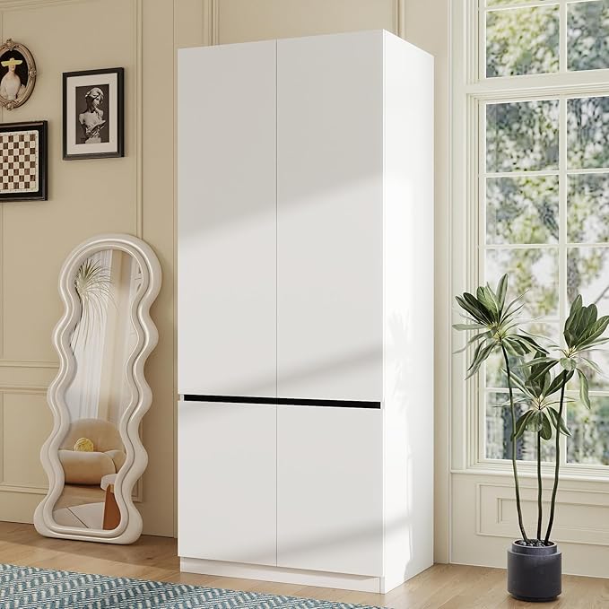 White Armoire Wardrobe Closet: 75" Large Wardrobe Closet with 2 Doors, Modern Bedroom Armoires with Storage Cabinet, Tall Wood Closets for Hanging Clothes