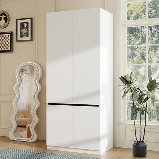 White Armoire Wardrobe Closet: 75" Large Wardrobe Closet with 2 Doors, Modern Bedroom Armoires with Storage Cabinet, Tall Wood Closets for Hanging Clothes