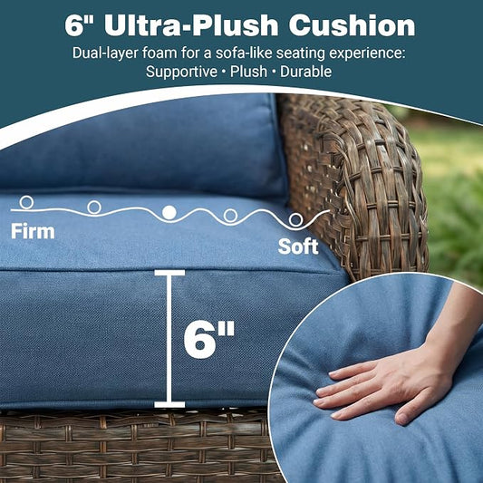 Patio Furniture Set, 10PCS Outdoor Wicker Conversation Set with 6" Thick Cushions, High Back Rattan Sofa & Swivel Rocker Chairs, Weather Resistant Olefin Fabric for Garden, Poolside, Navy Blue
