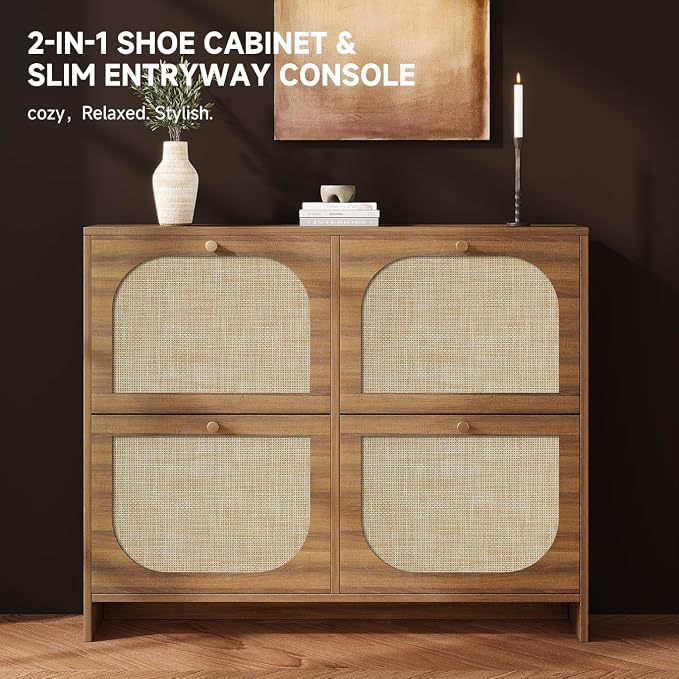 Nicetree Rattan Shoe Cabinet for Entryway, 9.5" Ultra-Thin Narrow Shoe Rack with 4 Flip Drawers, Boho Slim Shoe Storage Organizer with Adjustable Shelves, Anti-Tip Safety, Fits Size 13 Men's Boots
