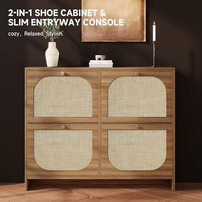 Nicetree Rattan Shoe Cabinet for Entryway, 9.5" Ultra-Thin Narrow Shoe Rack with 4 Flip Drawers, Boho Slim Shoe Storage Organizer with Adjustable Shelves, Anti-Tip Safety, Fits Size 13 Men's Boots