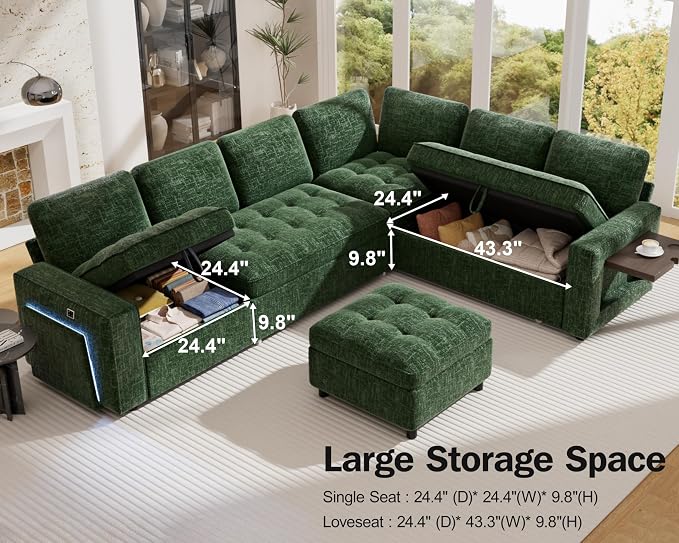 Vipbear 7 Seat L Shaped Modular Sectional Sleeper Sofa Bed with Ottoman/Pull Out Bed/Reclining Backrest/USB Ports/Table/LED Light/Storage Seat, Tool-Free Assembly, Chenille Green