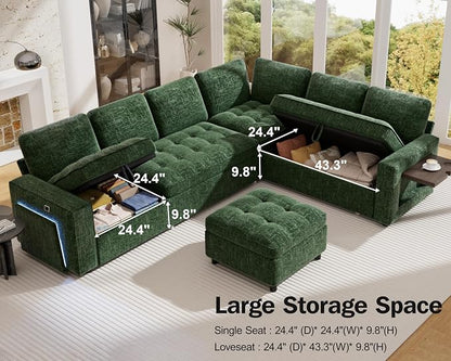 Vipbear 7 Seat L Shaped Modular Sectional Sleeper Sofa Bed with Ottoman/Pull Out Bed/Reclining Backrest/USB Ports/Table/LED Light/Storage Seat, Tool-Free Assembly, Chenille Green