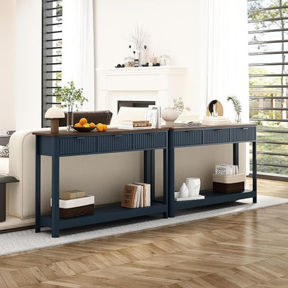 RUSTOWN Fluted Wood Console Table with 3 Drawers, 47.2" Modern Farmhouse Sofa Table & Entryway Table with Open Storage Shelf, Narrow Hallway Table for Living Room, Foyer and Hallway (Navy Blue)