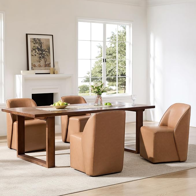 Watson & Whitely Leather Rolling Dining Chairs with Casters Set of 2, Brown | Upholstered Seat, Removable Rollers, Modern Style, Armless Chairs for Dining Room, Living Room, Bedroom