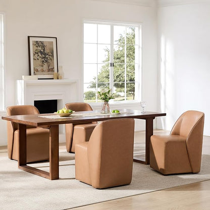 Watson & Whitely Leather Rolling Dining Chairs with Casters Set of 2, Brown | Upholstered Seat, Removable Rollers, Modern Style, Armless Chairs for Dining Room, Living Room, Bedroom