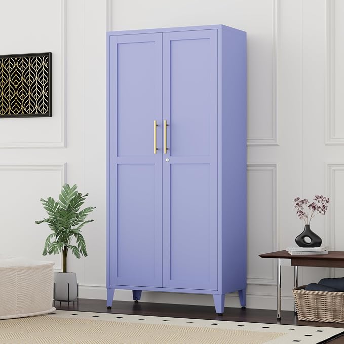61" H Purple Metal Storage Cabinet with Door and 3 Adjustable Shelves Kitchen Pantry Cabinet with 2 Gold Handles Tall Metal Pantry Cabinet Freestanding Cupboard For Dining Room Living Room Bathroom ﻿