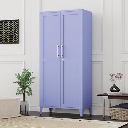 61" H Purple Metal Storage Cabinet with Door and 3 Adjustable Shelves Kitchen Pantry Cabinet with 2 Gold Handles Tall Metal Pantry Cabinet Freestanding Cupboard For Dining Room Living Room Bathroom ﻿