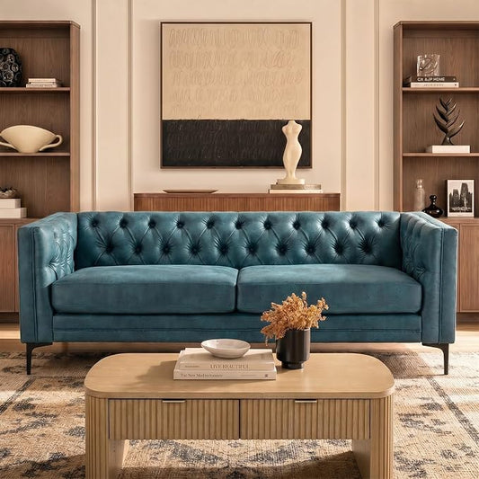 HULALA HOME 84" W Faux Leather Sofa, Mid Century Modern Couch with Metal Legs and Button Tufted, 3 Seater Contemporary Upholstered Couches for Living Room, Entertainment Area, Apartment, Blue