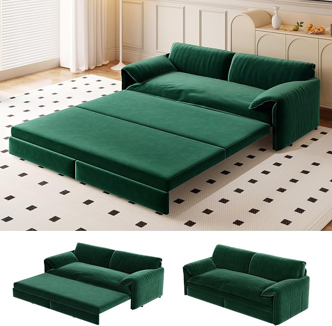 66" Sofa Bed Queen Size, Pull Out Couch Bed, 3-in-1 Convertible Sleeper Sofa with Side Pocket, Modern Velvet Futon Couch for Living Room, Small Space, Apartment, Bedroom, Green