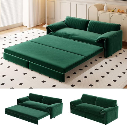 66" Sofa Bed Queen Size, Pull Out Couch Bed, 3-in-1 Convertible Sleeper Sofa with Side Pocket, Modern Velvet Futon Couch for Living Room, Small Space, Apartment, Bedroom, Green