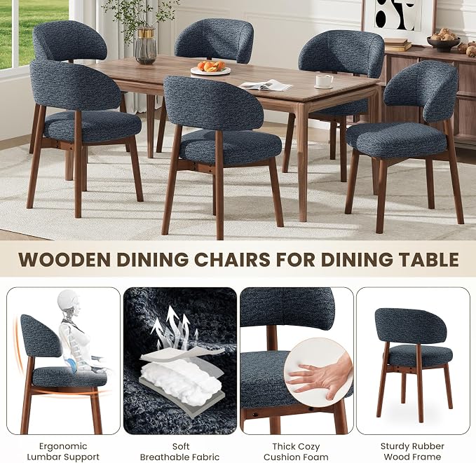 MALOL Wooden Dining Chairs Set of 2, Modern Upholstered Dining Room Chair, Fabric Kitchen Side Chairs with Curved Open Back for Living Room/Restaurant/Cafe, Dark Blue