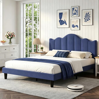 VECELO Queen Size Upholstered Platform Bed Frame with Adjustable Headboard, Wood Slat Support and Noise-Free, No Box Spring Needed, Easy Assembly, Dark&Blue