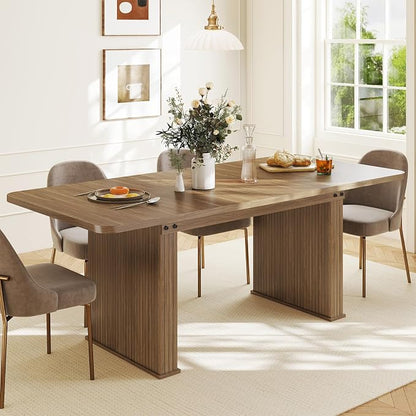 Zevemomo 63"-78.7" Expandable Dining Table, 6-10 Farmhouse Kitchen Table, Extendable Dining Table, Rectangular Table with Metal Track, Widened Wood Striped Legs for Dining Room, Office-Beige Brown