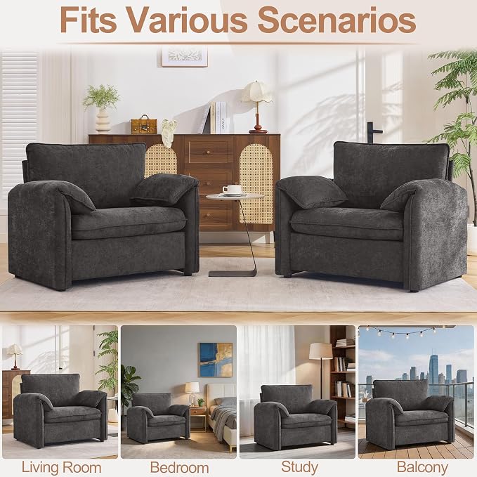 Oversized Accent Chair for Living Room, 41.73" Large Modern Armchair with Deep Seat, Mid-Century Comfy Reading Chair with Padded Arms, Chenille Single Sofa Chairs for Bedroom, Dark Grey