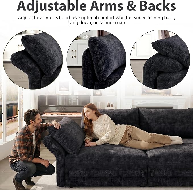 DreamDashio 126" Extra Large Modular Sectional Sofa Cloud Couch with Storage Seat for Living Room with Adjustable Arm, High Back, 4 Seater, L Shaped, Dark Grey Chenille