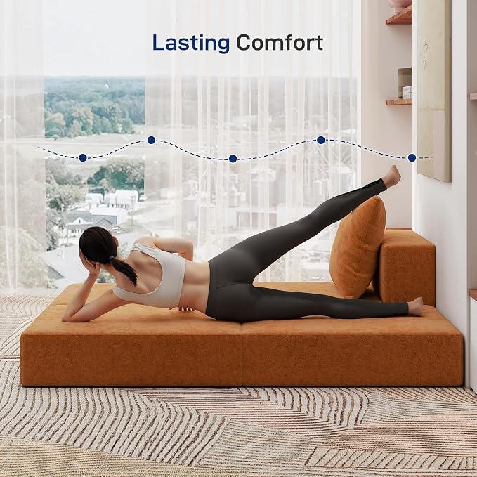 Living&Giving Cloud Sectional Couch for Living Room, Modular Boneless Couch with 1 Ottoman, Middle-seat Can Be Combined with Modular Sofa, Customizable Layout for Any Space, Orange