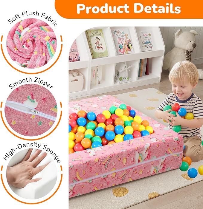 MeMoreCool Colorful Unicorn Glow-in-the-Dark Kids Play Couch, Modular Toddler Couch that Folds Out to Bed, Convertible Foam Loveseat for Girls Bedroom and Playroom