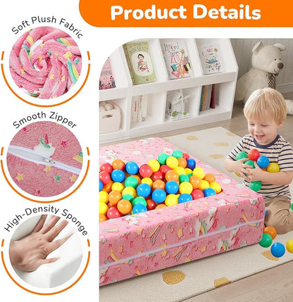 MeMoreCool Colorful Unicorn Glow-in-the-Dark Kids Play Couch, Modular Toddler Couch that Folds Out to Bed, Convertible Foam Loveseat for Girls Bedroom and Playroom