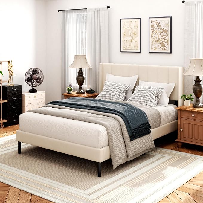 Sismplly Full Size Bed Frame with Headboard,Vertical Channel Tufted Wingback No Box Spring Needed, Mattress Foundation, Easy Assembly, Beige
