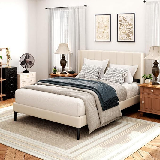 Sismplly Full Size Bed Frame with Headboard,Vertical Channel Tufted Wingback No Box Spring Needed, Mattress Foundation, Easy Assembly, Beige