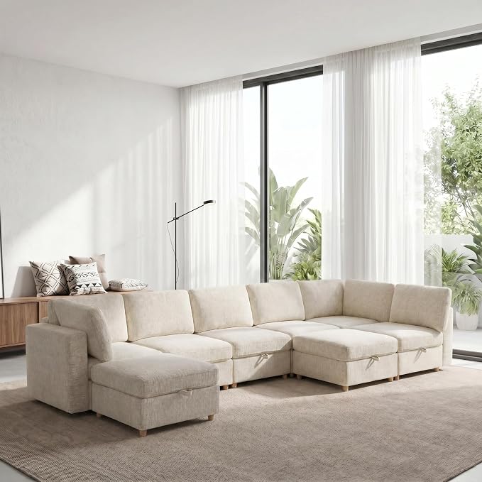 ERYE 132-Inch Oversized U Shaped Sectional Sofa 8 Seat Modular Storage Sofa Couch W/Deep Seat,Skin Friendly Plush Chenille Upholstered Corner Convertible Sectional W/Movable Ottoman
