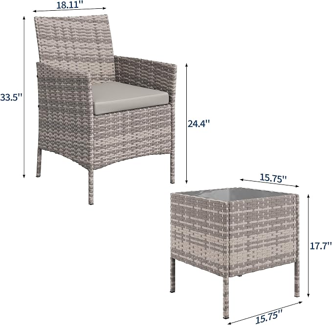 GAOMON 3-Piece Patio Furniture Set, Modern PE Rattan Conversation Set with 2 Chairs & Tempered Glass Coffee Table, All-Weather Outdoor Seating for Garden, Porch, Balcony, Poolside, Grey/Light Grey