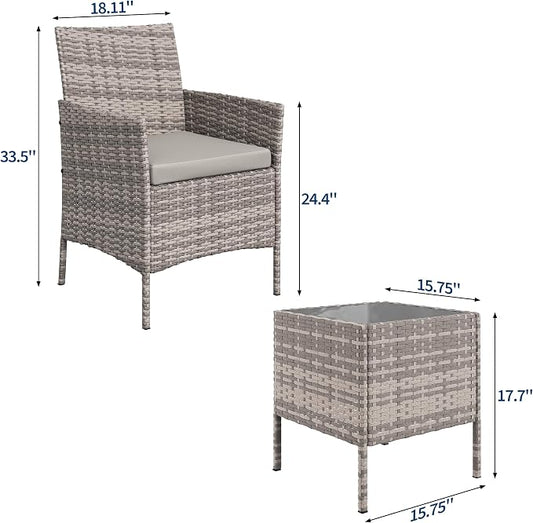 GAOMON 3-Piece Patio Furniture Set, Modern PE Rattan Conversation Set with 2 Chairs & Tempered Glass Coffee Table, All-Weather Outdoor Seating for Garden, Porch, Balcony, Poolside, Grey/Light Grey