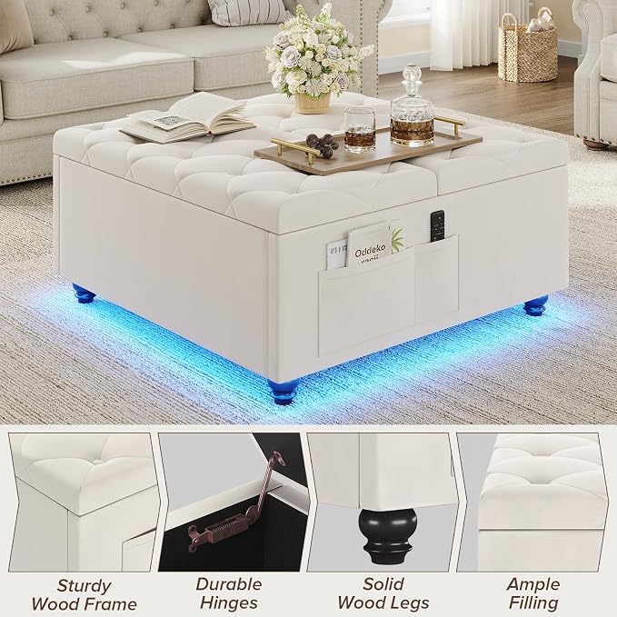 Dnxao Large Ottoman with Storage,Lift Top Coffee Table 31.5" Square Upholstered Tufted Footrest with LED Lights, Charging Station,2 Side Pockets and Removable Tray for Living Room, Beige