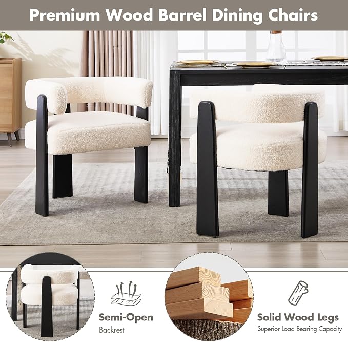 Hyfirm Modern Boho Dining Chairs Set of 6, White Boucle Upholstered Barrel Armchairs with Plush Teddy Fabric, Solid Black Wooden Legs, Mid-Century Accent Chairs for Dining Room, Living Room, Kitchen