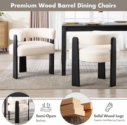 Hyfirm Modern Boho Dining Chairs Set of 2, White Boucle Upholstered Barrel Armchairs with Plush Teddy Fabric, Solid Black Wooden Legs, Mid-Century Accent Chairs for Dining Room, Living Room, Kitchen
