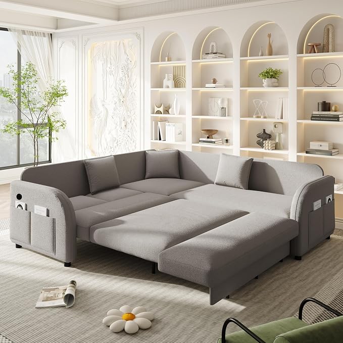 85.1" L-Shaped Pull Out Sofa Bed – Oversize Convertible Sleeper Couch with USB Ports & Side Storage, Teddy Upholstered Sectional for Living Room & Bedroom, Light Grey