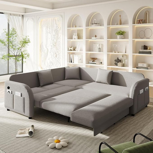 85.1" L-Shaped Pull Out Sofa Bed – Oversize Convertible Sleeper Couch with USB Ports & Side Storage, Teddy Upholstered Sectional for Living Room & Bedroom, Light Grey