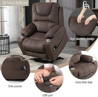 FUNECORP Large Power Lift Recliner Chair Sofa with Massage and Heat for Big and Tall Elderly,Infinite Positions,Single Motor,Cup Holders,and USB Ports,Velvet Home Theater Seat