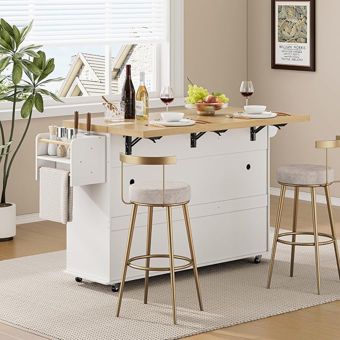 ONBRILL 60" Kitchen Island with Power Outlet & Drop Leaf, Rolling Island with Spice Rack & Towel Rack, Kitchen Island Cart with Trash Storage Cabinet, Island Table for Kitchen, White