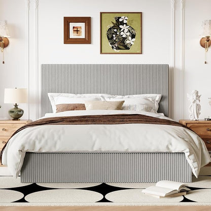 Allewie Full Bed Frame, Upholstered Platform Bed, Adjustable Vertical Channel Tufted Headboard, Corduroy Fabric, Modern Low Profile, Wooden Slats, No Box Spring Needed, Easy Assembly, Light Grey