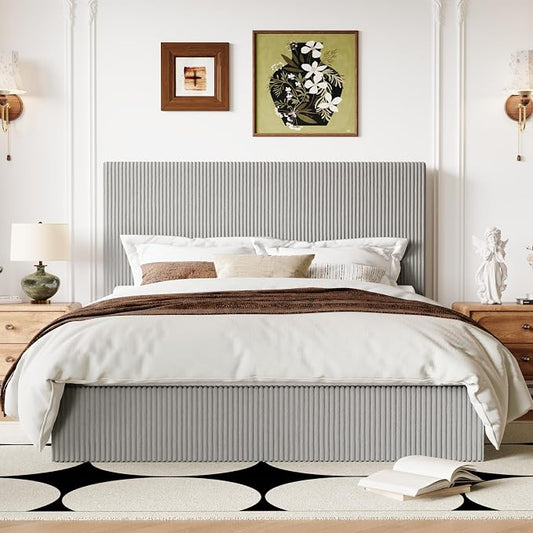 Allewie Full Bed Frame, Upholstered Platform Bed, Adjustable Vertical Channel Tufted Headboard, Corduroy Fabric, Modern Low Profile, Wooden Slats, No Box Spring Needed, Easy Assembly, Light Grey