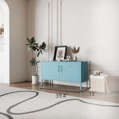 Blue Metal Accent Cabinet Locker with Lock, 2-Door Wide Storage Cabinet, Adjustable Shelves, Multifunctional TV Stand & Entertainment Center for Bedroom, Living Room