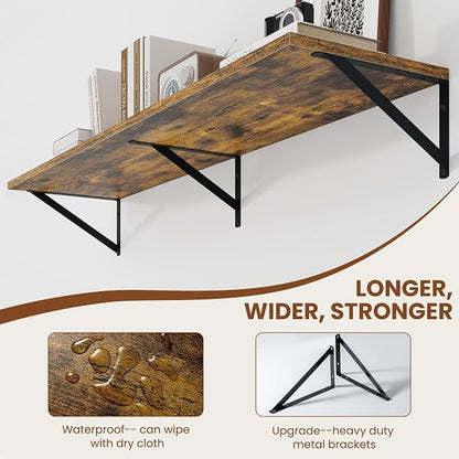 Heimlove Deep Floating Shelves for Wall, 44W x 12D Wood Wall Shelves Set of 2, Wide Floating Bookshelf for Living Room, Kitchen, Office, Bedroom and Decor Storage, with Metal Bracket - Rustic Brown