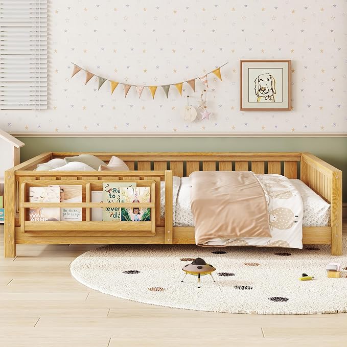 Bellemave Queen Size Montessori Floor Bed with Slats and Fence, Queen Size Montessori Bed with Rails and Bookcase, Easy Assemble Floor Beds Frame,Deep Natural