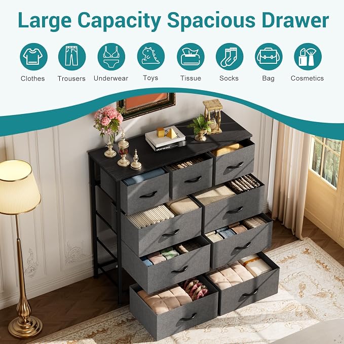 OLIXIS 9-Drawer Fabric Storage Dresser Chest Organizer Unit, Grey | Sturdy and lightweight fabric drawers with easy-pull handles,Space-saving versatile organizer for clothes, bedroom