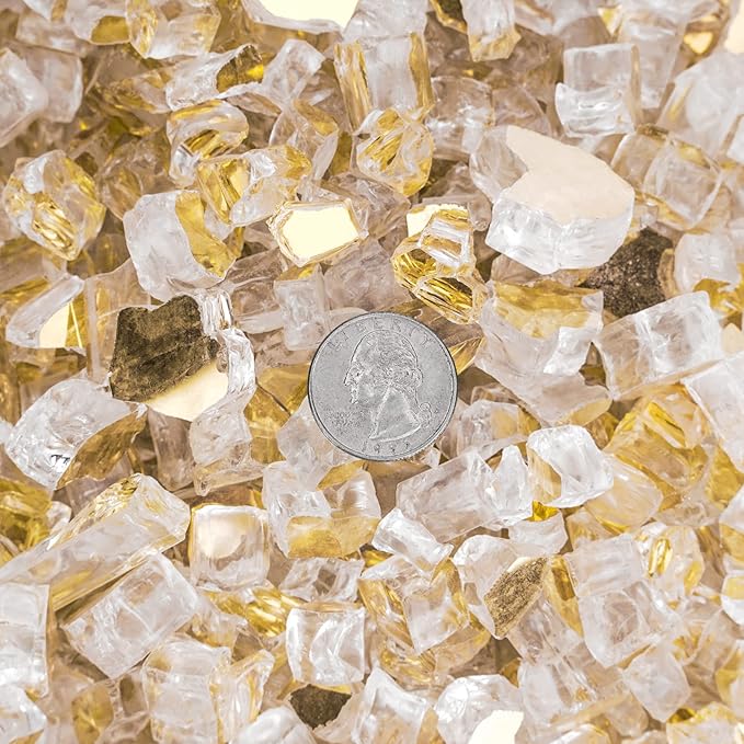 Onlyfire 10 lbs Fire Glass Rocks 1/4 Inch, Reflective Tempered Glass for Propane Fire Pit & Gas Fireplace, High Luster Firepit Glass Stones for Fire Table, Gold (Multicolor Options Available)